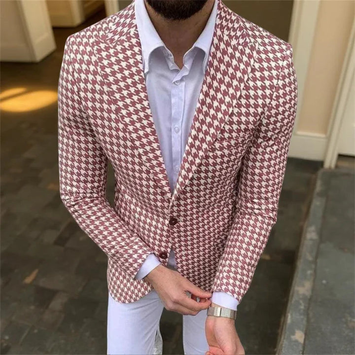 Men's Blazer Houndstooth Check Slim Fit Peak Lapel Button Closure Long Sleeve Formal Casual