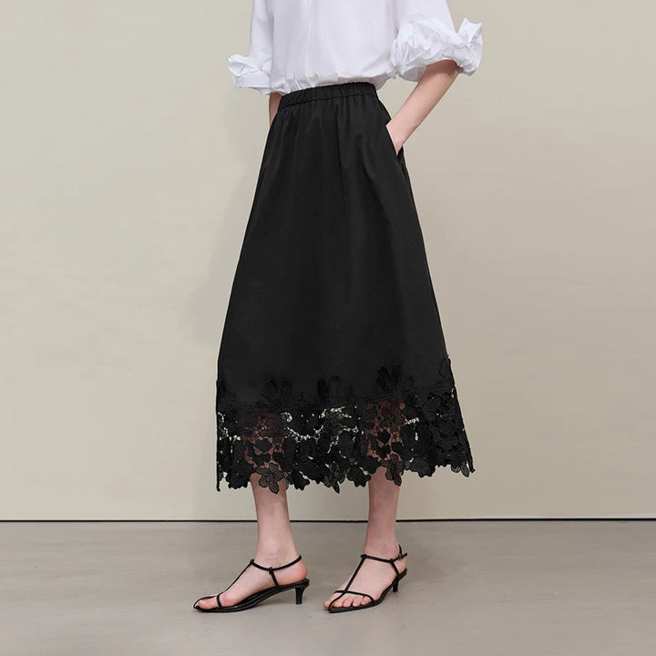 Women's Midi Skirt Floral Lace Hem Elastic Waist Cutout Loose Fit
