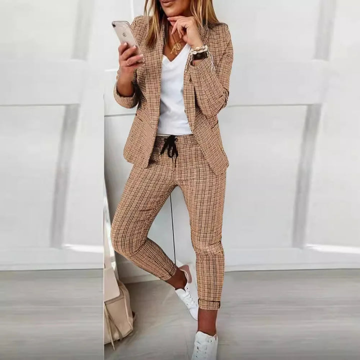 Women’s Suit Set Velvet Checked Slim Fit Blazer Sleeveless Top And Trousers
