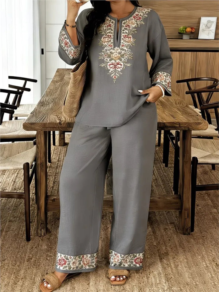 Women's Two Piece Set Embroidered Fit Long Sleeve V-Neck Top Wide Leg Pants