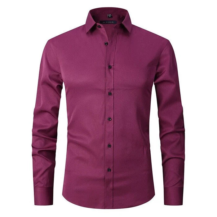 Men's Shirt Stretch Slim Fit Long Sleeve Wrinkle-Resistant Button-Up Casual