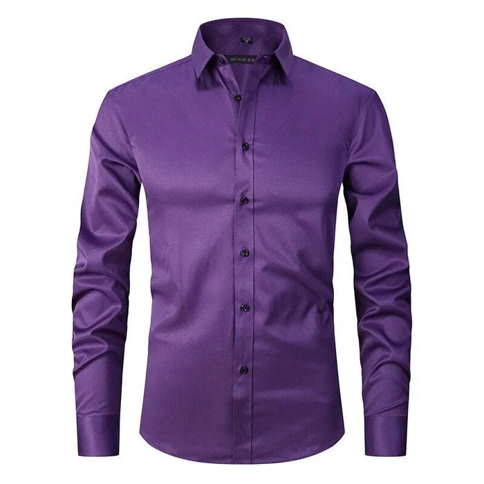 Men's Shirt Stretch Slim Fit Long Sleeve Wrinkle-Resistant Button-Up Casual