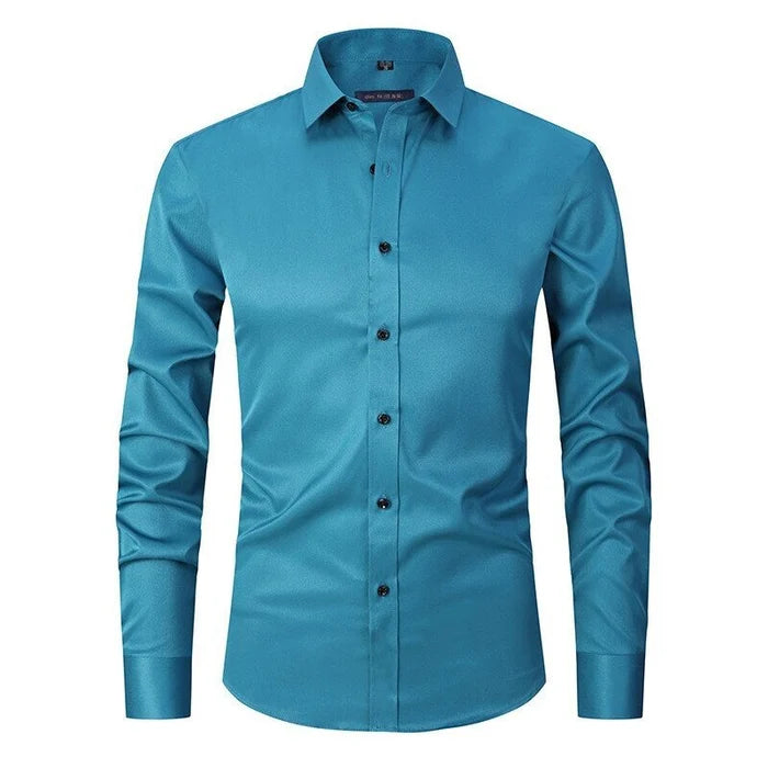 Men's Shirt Stretch Slim Fit Long Sleeve Wrinkle-Resistant Button-Up Casual