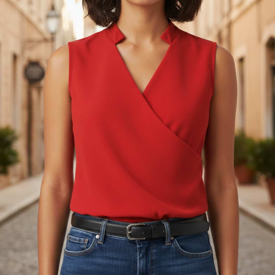  sleeveless blouse with a flattering V-neckline and crossover front, good for both professional and casual wear.