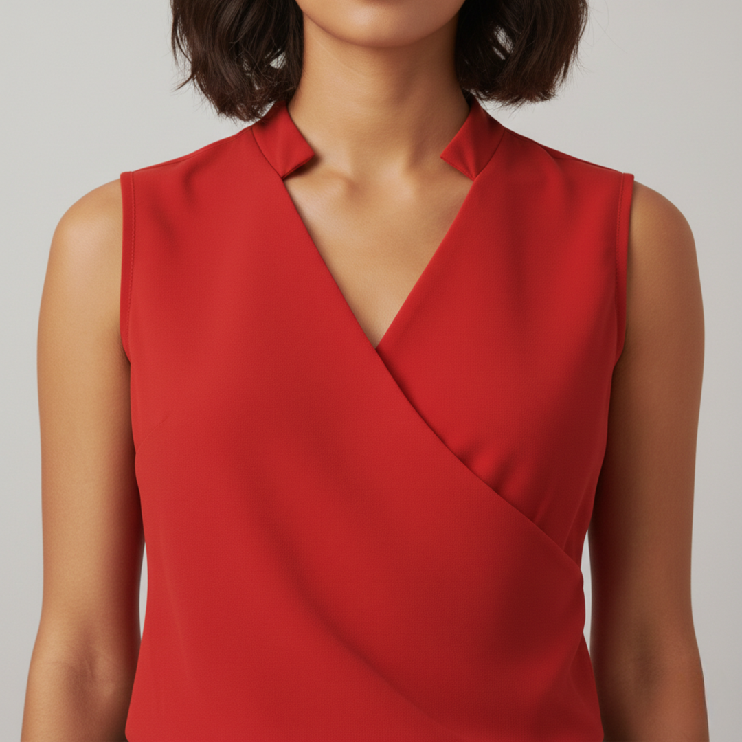  sleeveless blouse with a flattering V-neckline and crossover front, good for both professional and casual wear.