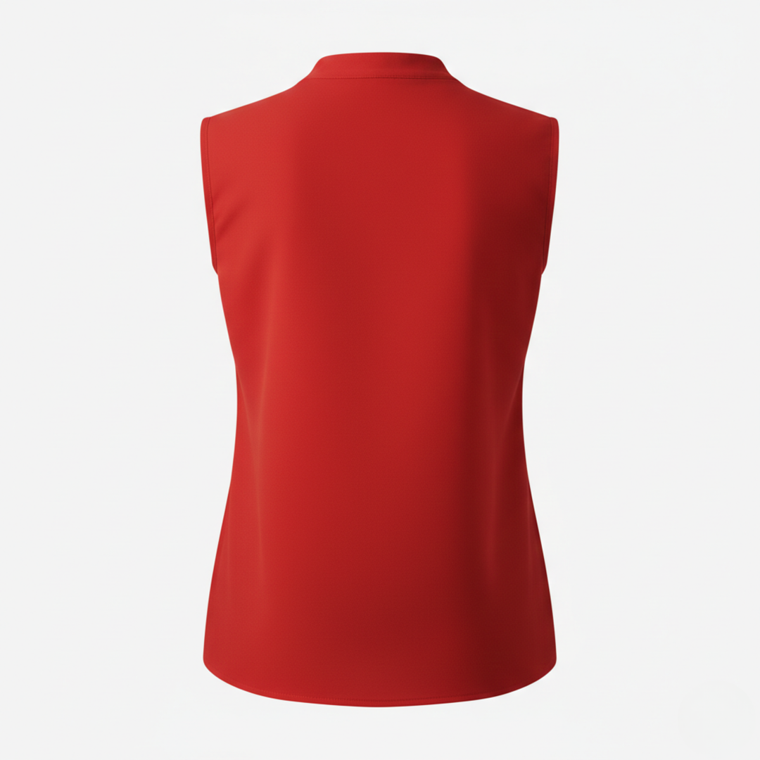  sleeveless blouse with a flattering V-neckline and crossover front, good for both professional and casual wear.