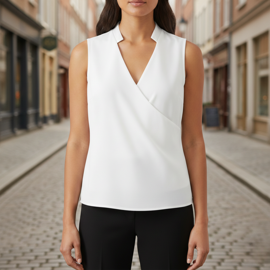  sleeveless blouse with a flattering V-neckline and crossover front, good for both professional and casual wear.