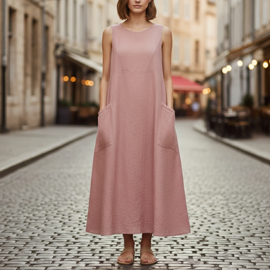  A woman in a pink sleeveless midi dress for warm-weather outings.