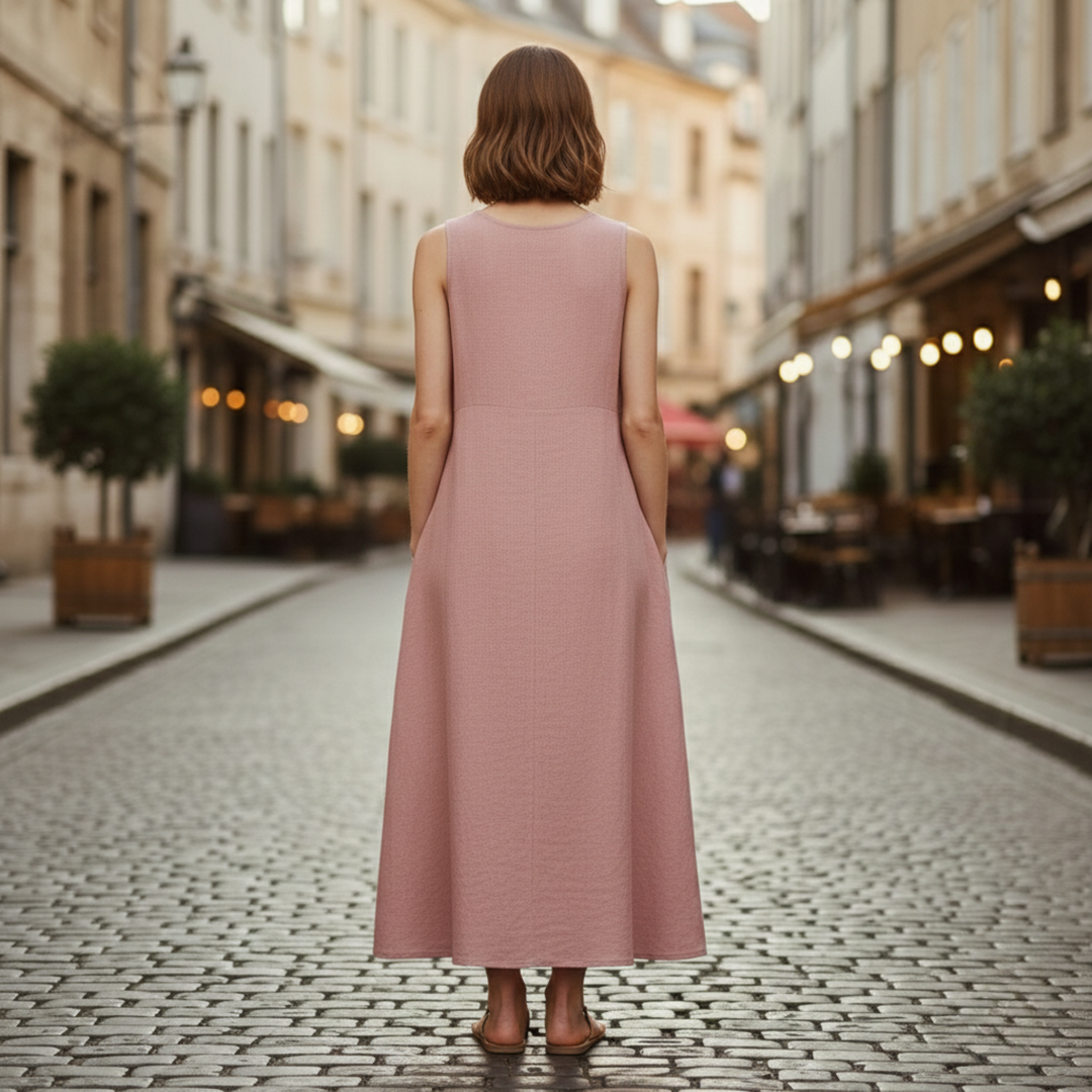 A woman in a pink sleeveless midi dress for warm-weather outings.