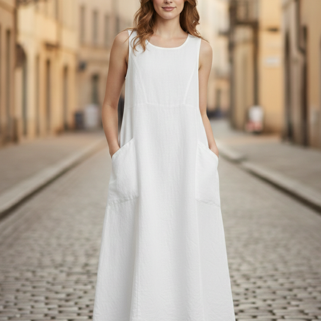  A woman in a white sleeveless midi dress for warm-weather outings.
