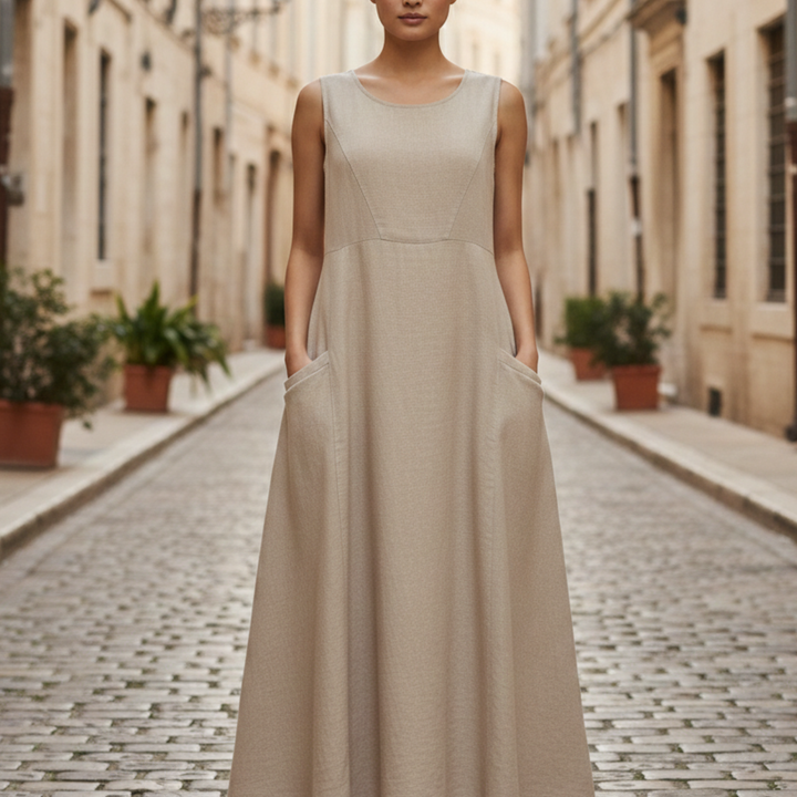  A woman in a beige sleeveless midi dress for warm-weather outings.