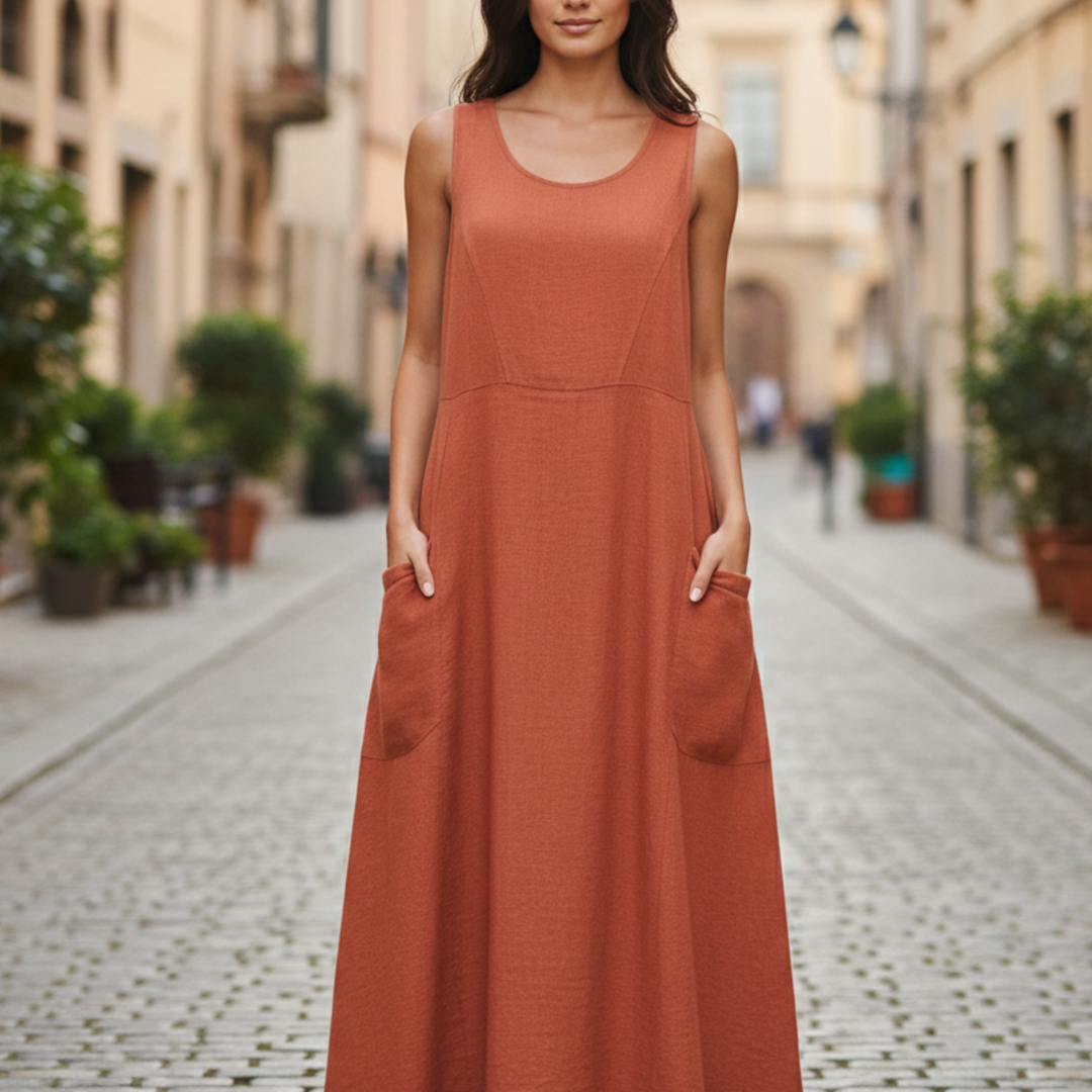  A woman in a orange sleeveless midi dress for warm-weather outings.
