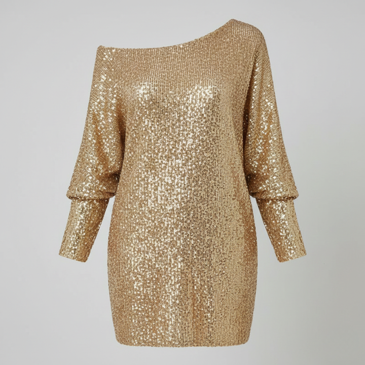 Shimmering gold sequin mini dress featuring an off-shoulder neckline and long sleeves, crafted from metallic polyester.