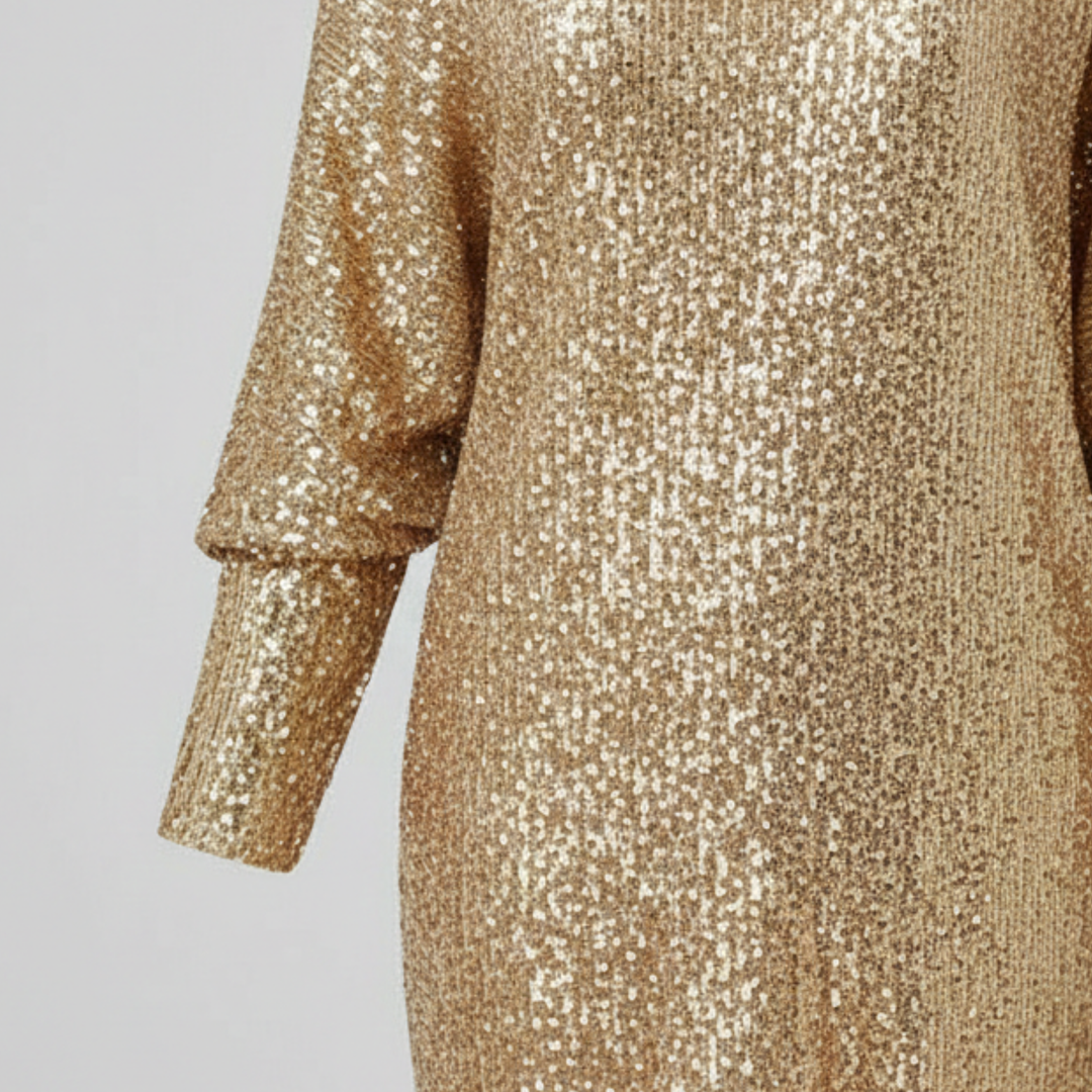Shimmering gold sequin mini dress featuring an off-shoulder neckline and long sleeves, crafted from metallic polyester.