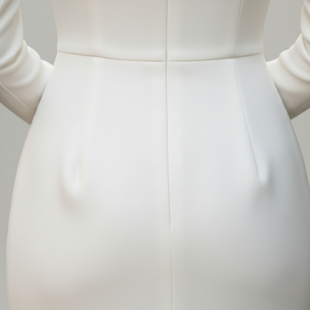 Avelise Aurelia tailored midi dress in fabric, showcasing a fitted silhouette, V-neckline, and elegant knee-length design.