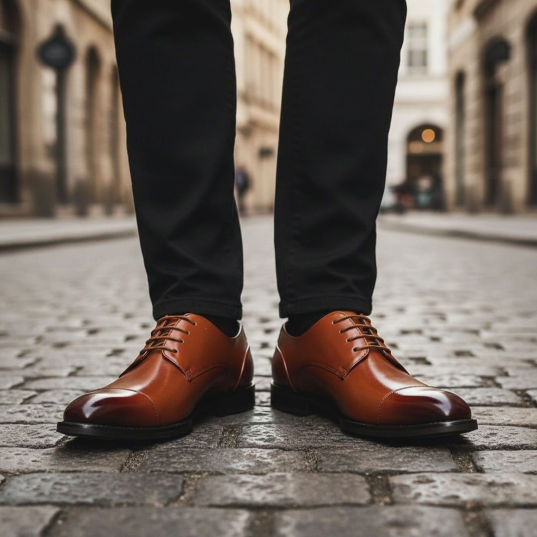 A brown leather derby shoes highlighting their classic lace-up style and polished look.