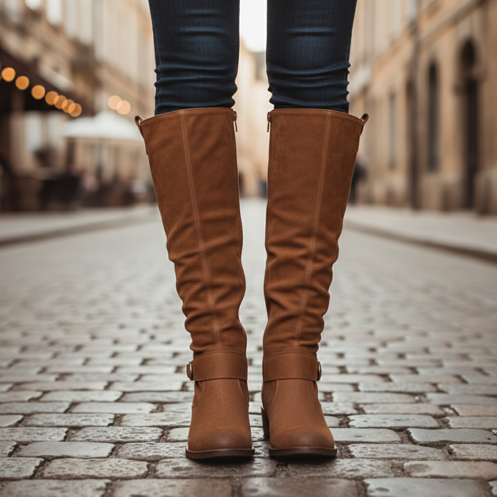 A pair of knee-high brown boots with side buckles, featuring a smooth finish and low stacked heel for comfort and style.