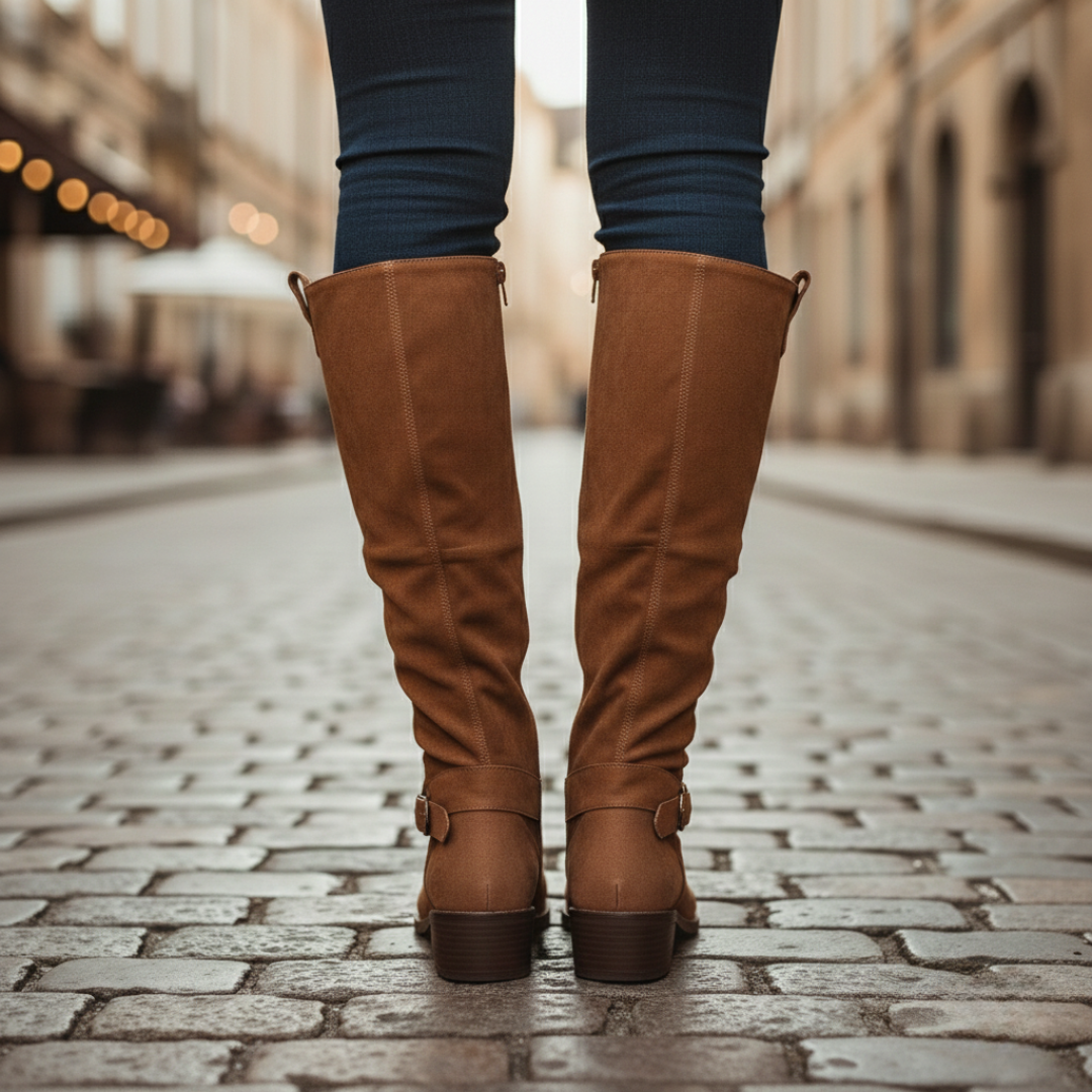 A pair of knee-high brown boots with side buckles, featuring a smooth finish and low stacked heel for comfort and style.
