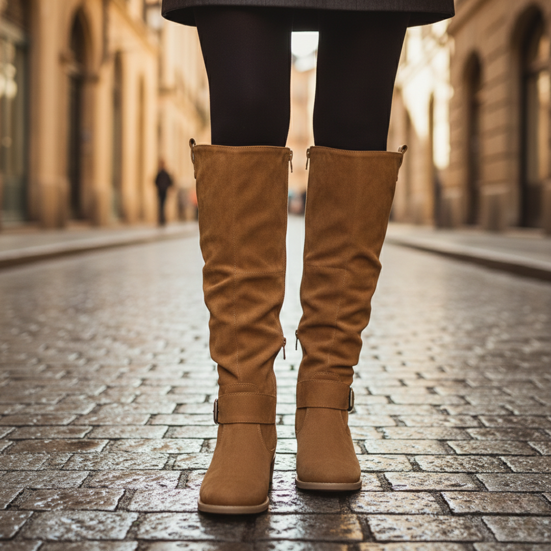 A pair of knee-high light brown boots with side buckles, featuring a smooth finish and low stacked heel for comfort and style.