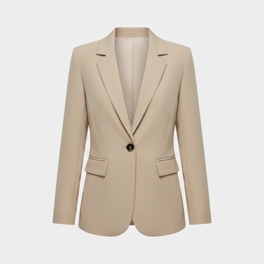 Women's beige tailored blazer with a single-button closure, sharp lapels, and long sleeves, ideal for professional and casual wear.
