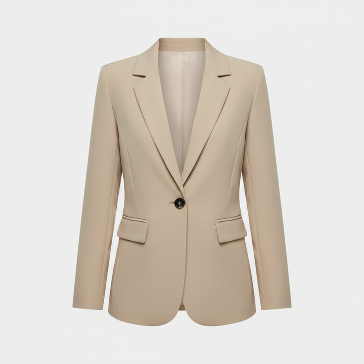 Women's beige tailored blazer with a single-button closure, sharp lapels, and long sleeves, ideal for professional and casual wear.