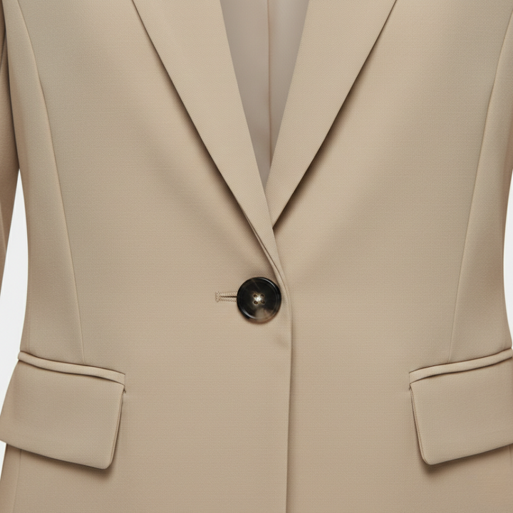 Women's beige tailored blazer with a single-button closure, sharp lapels, and long sleeves, ideal for professional and casual wear.