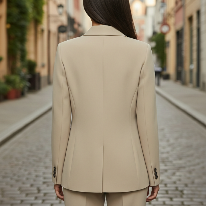 Women's beige tailored blazer with a single-button closure, sharp lapels, and long sleeves, ideal for professional and casual wear.