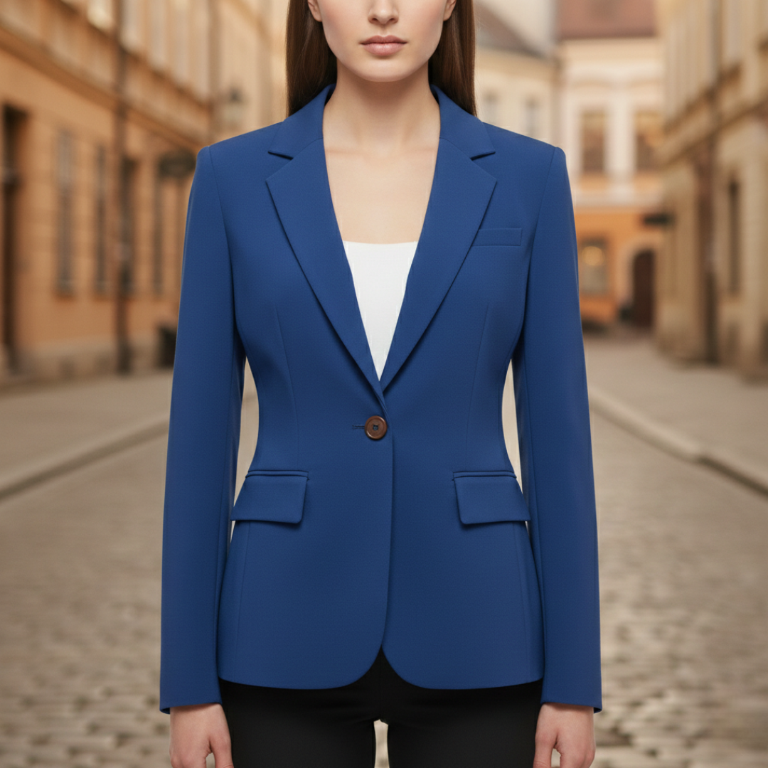 Women's blue tailored blazer with a single-button closure, sharp lapels, and long sleeves, ideal for professional and casual wear.