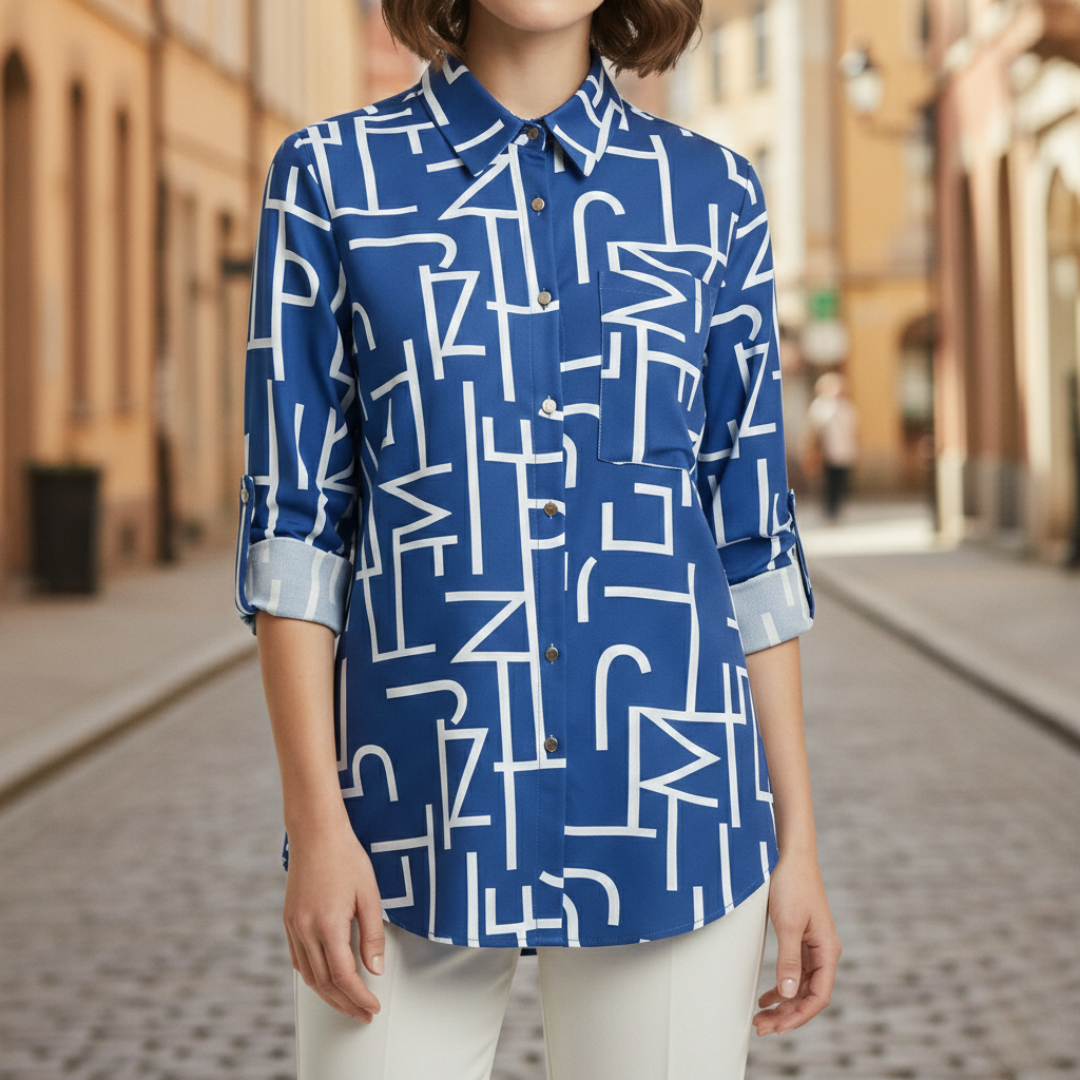 Blue geometric print shirt with a tailored silhouette, long sleeves, and a polished collar, ideal for fall and spring fashion.