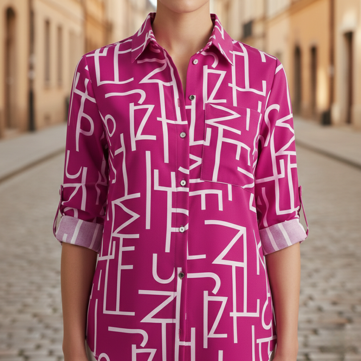 Pink geometric print shirt with a tailored silhouette, long sleeves, and a polished collar, ideal for fall and spring fashion.
