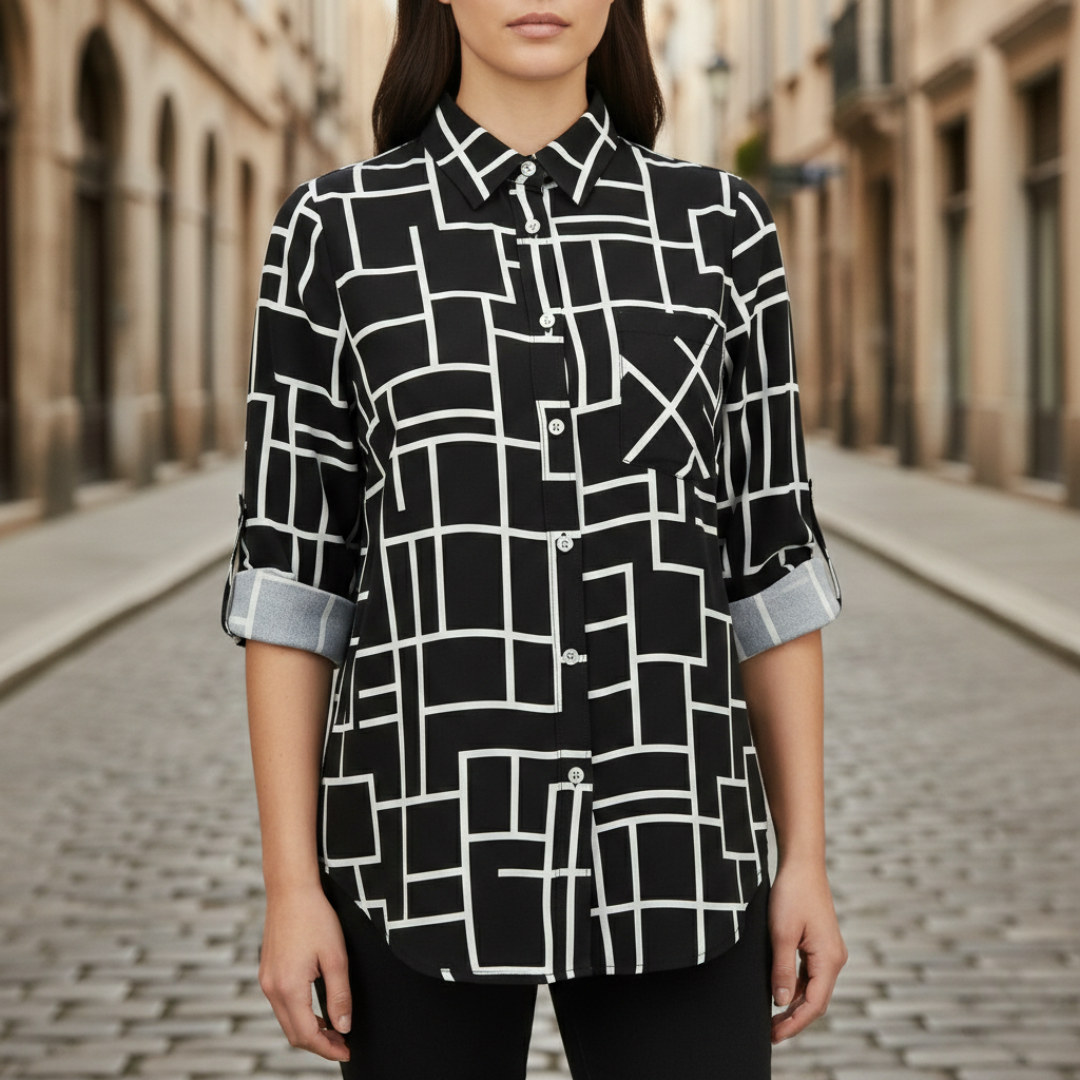 Black geometric print shirt with a tailored silhouette, long sleeves, and a polished collar, ideal for fall and spring fashion.