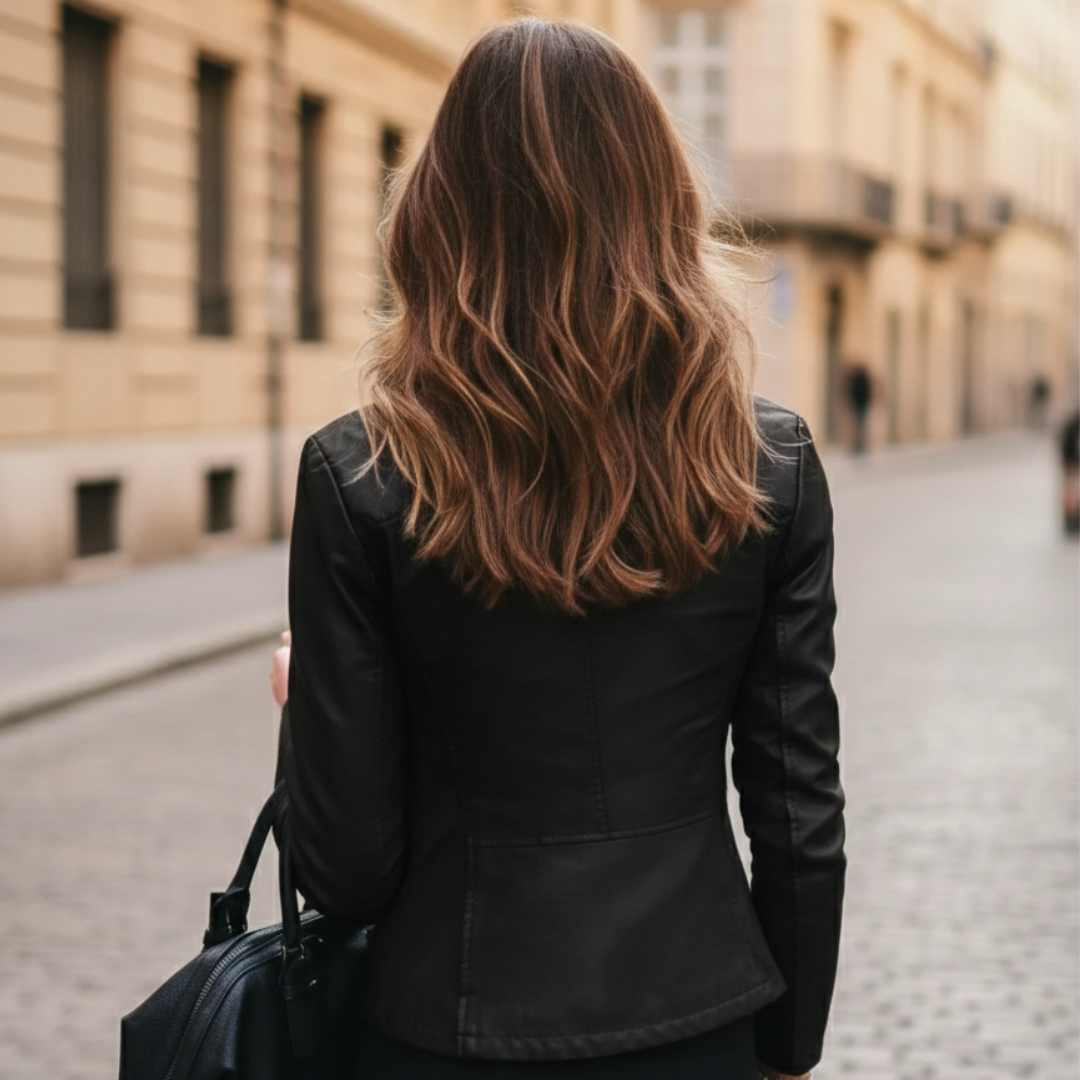 Avelise The Maren faux leather jacket displayed on a hanger, showcasing its classic black design and sleek silhouette.