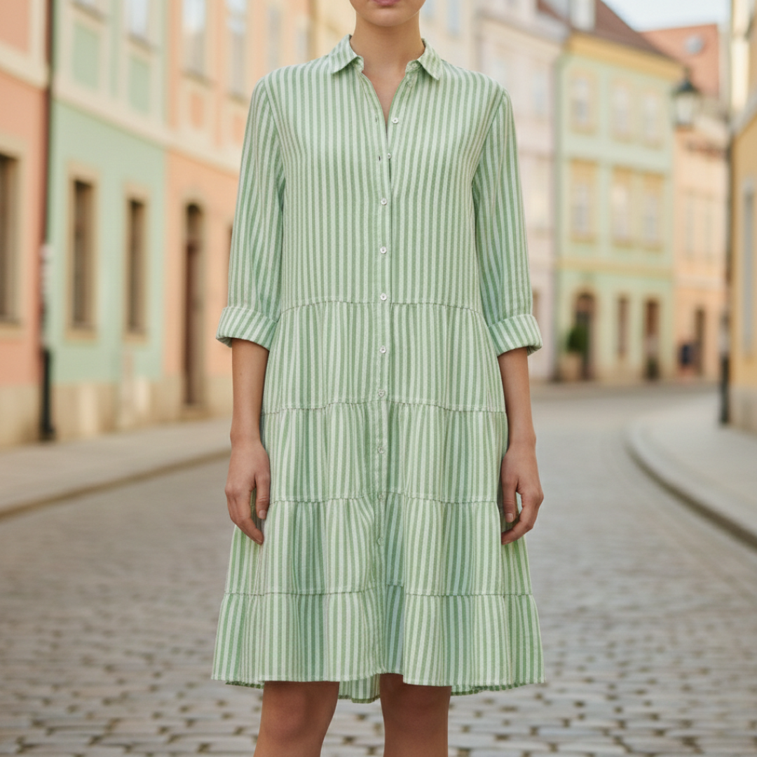 light green striped shirt dress with a turn-down collar and flowing skirt, ideal for casual gatherings in warm weather.