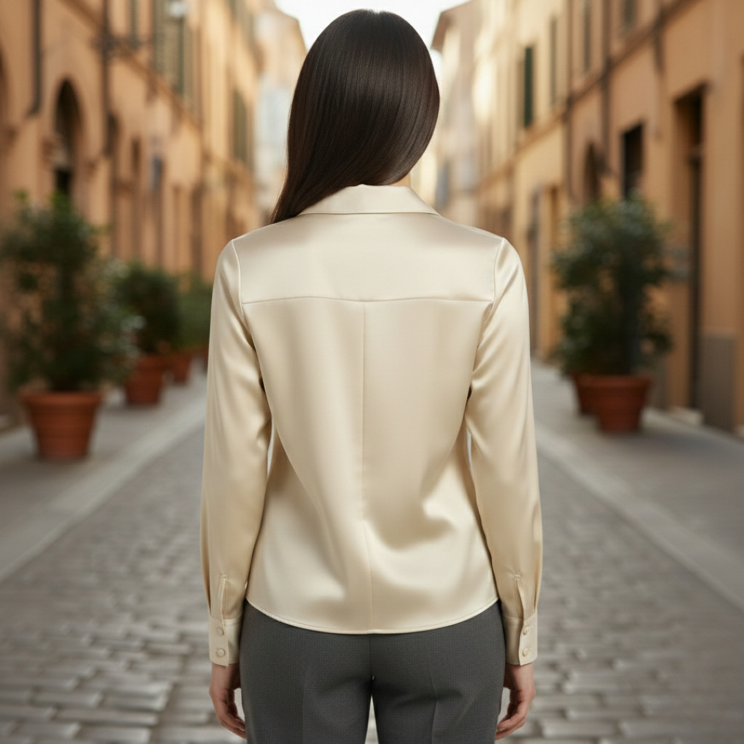 Gold satin blouse for women with a turn-down collar, draped front, and long sleeves.