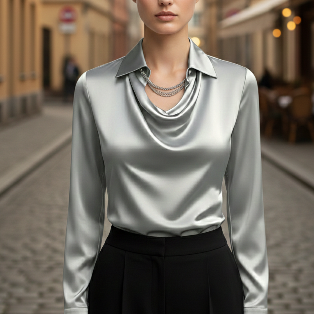 Silver satin blouse for women with a turn-down collar, draped front, and long sleeves.