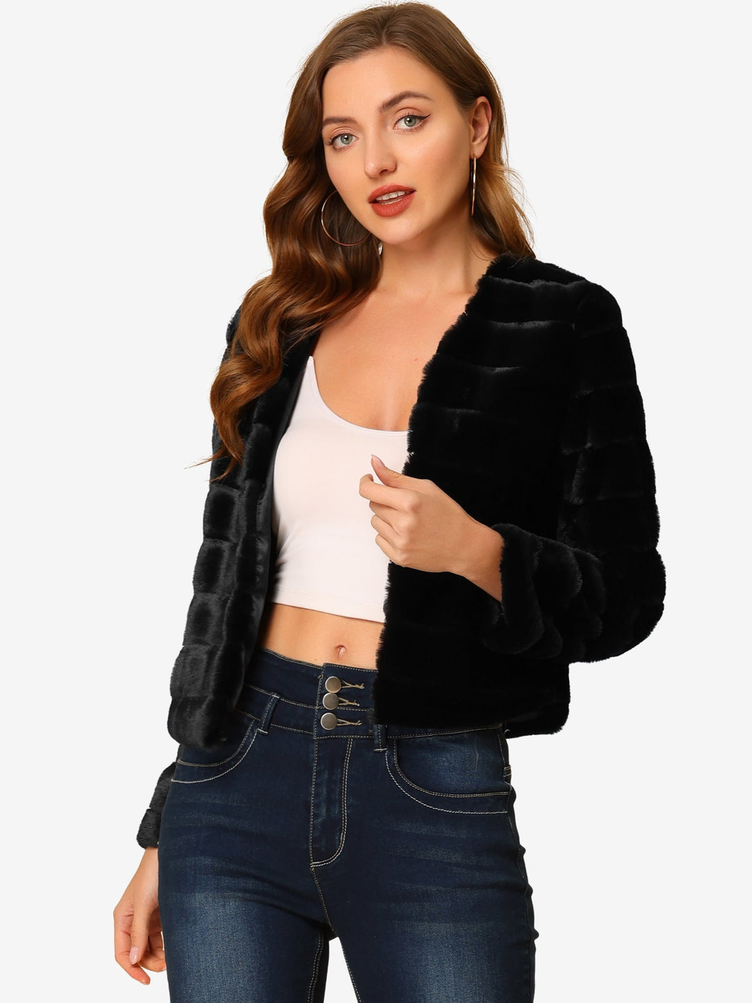 Women's Jacket Faux Fur Cropped Collarless Long Sleeve Regular Fit