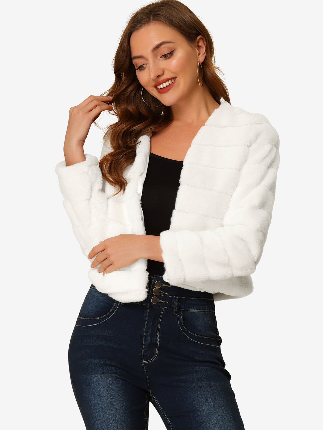 Women's Jacket Faux Fur Cropped Collarless Long Sleeve Regular Fit