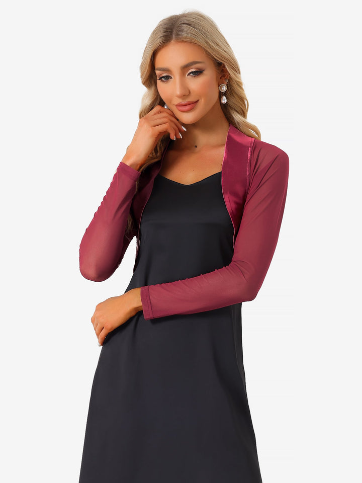 Women's Shrug Satin Mesh Sheer Open Front Cropped Long Sleeve
