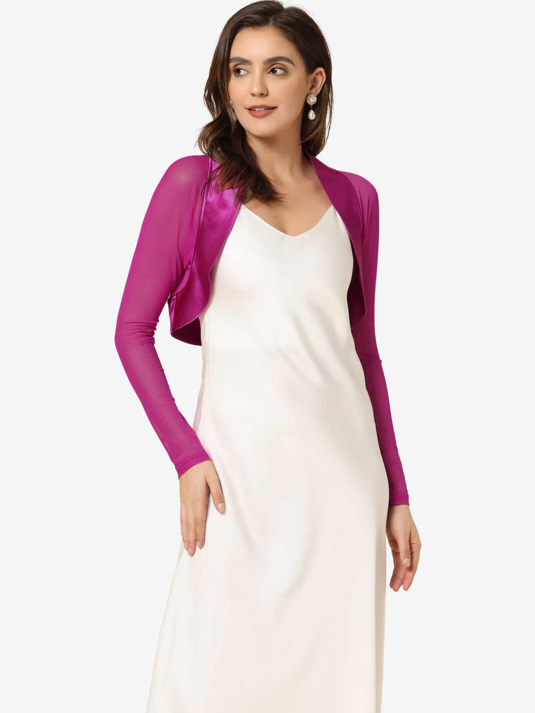 Women's Shrug Satin Mesh Sheer Open Front Cropped Long Sleeve