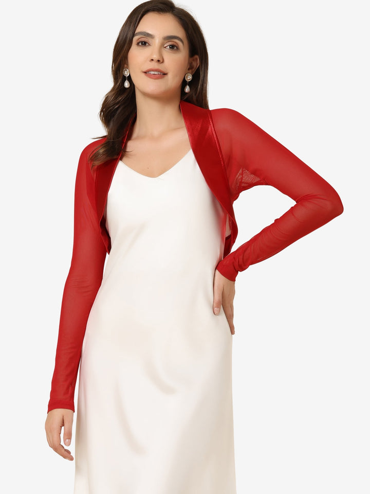 Women's Shrug Satin Mesh Sheer Open Front Cropped Long Sleeve