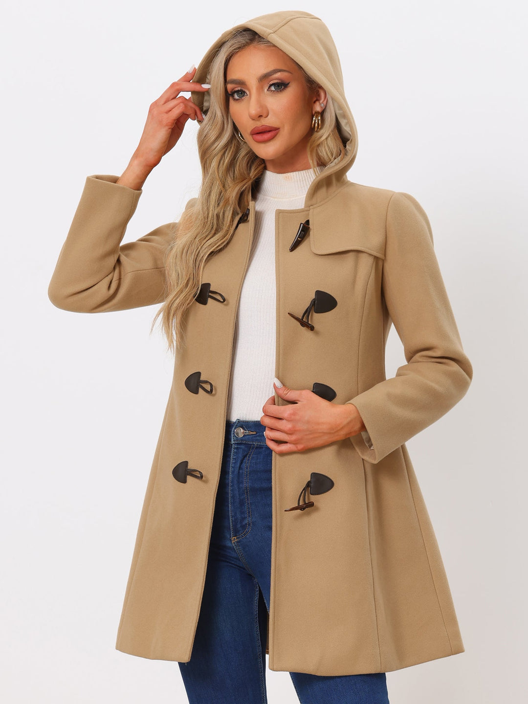 Women's Duffle Coat Hooded Toggle Button-Up Long Sleeve Winter
