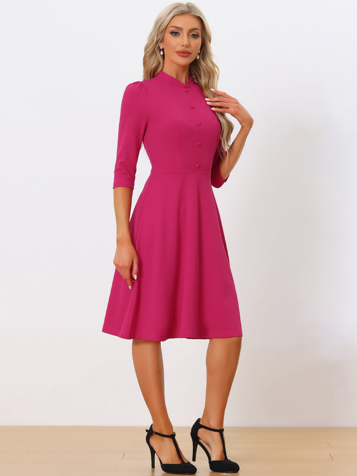 Women's A-Line Dress Retro Stand Collar 3/4 Sleeve Button Detail Office Work