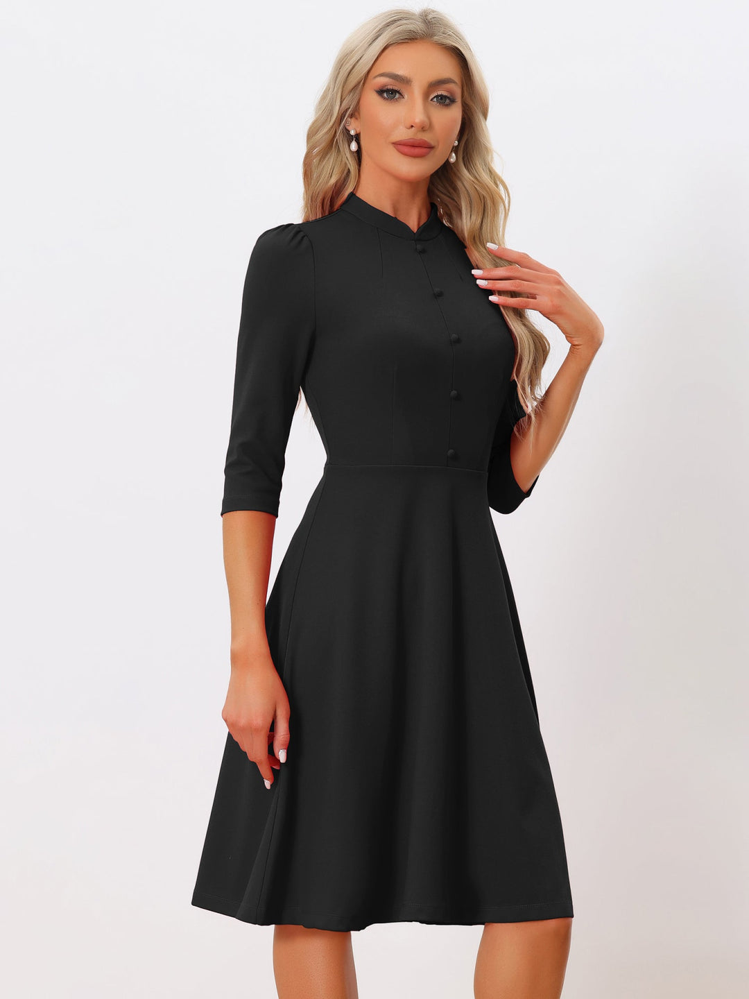 Women's A-Line Dress Stand Collar 3/4 Sleeve Button Front Zip Back – Office Work