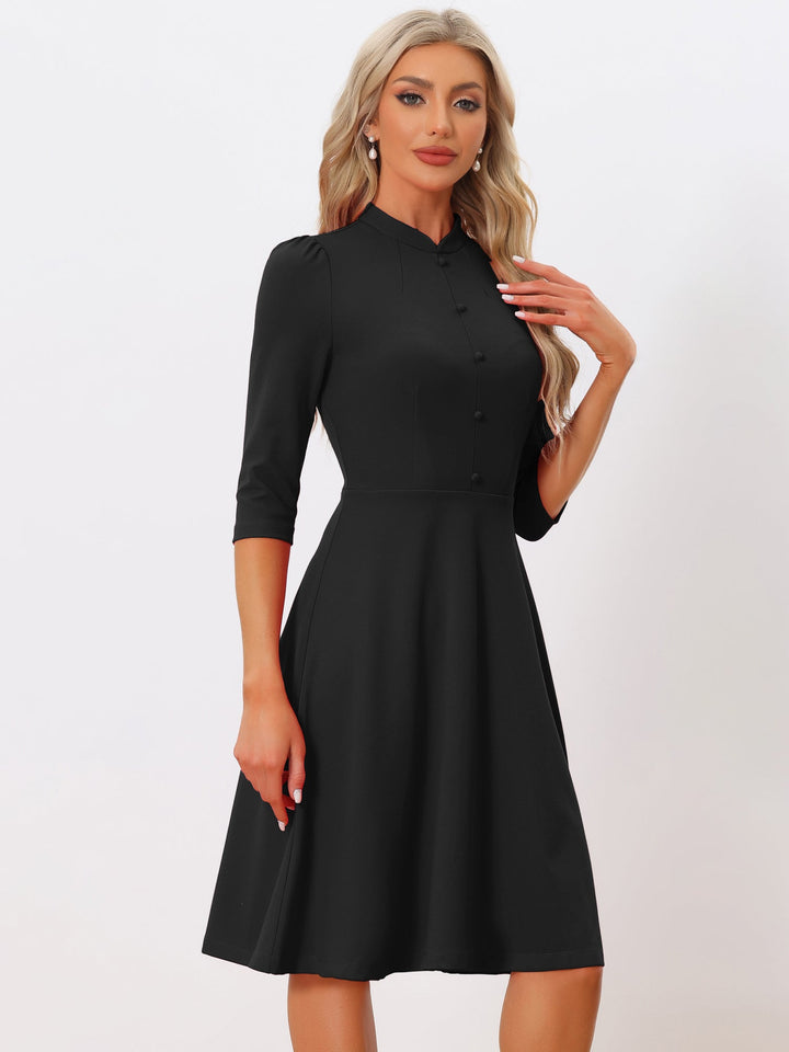 Women's A-Line Dress Stand Collar 3/4 Sleeve Button Front Zip Back – Office Work