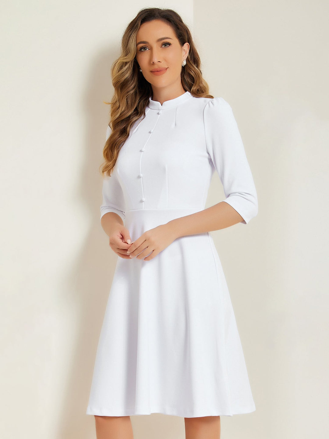 Women's A-Line Dress Stand Collar 3/4 Sleeve Button Front Zip Back – Office Work