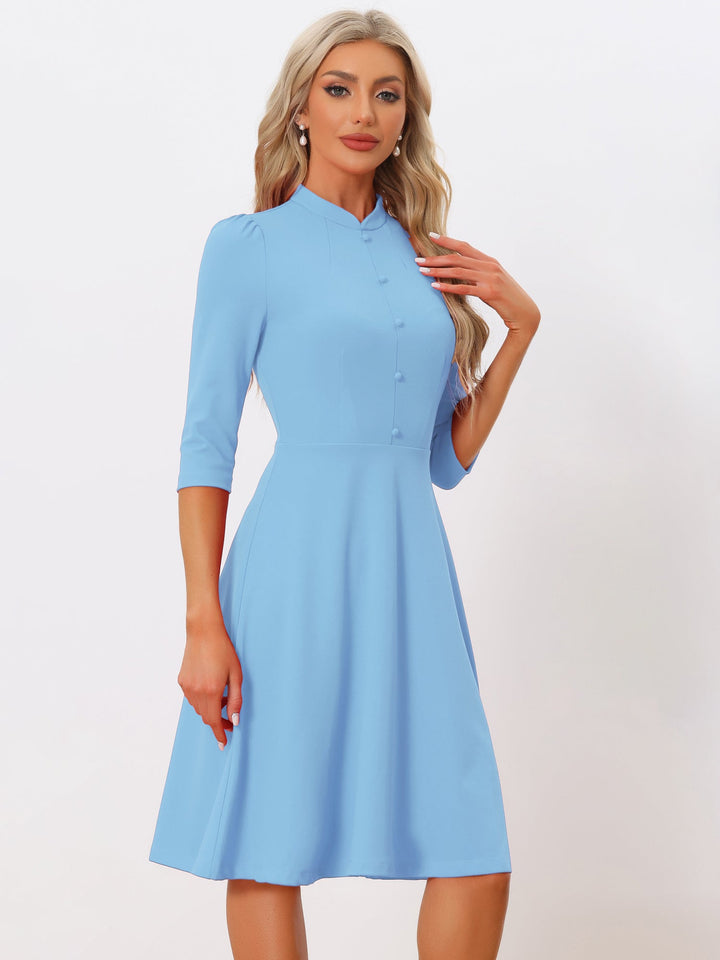 Women's A-Line Dress Stand Collar 3/4 Sleeve Button Front Zip Back – Office Work
