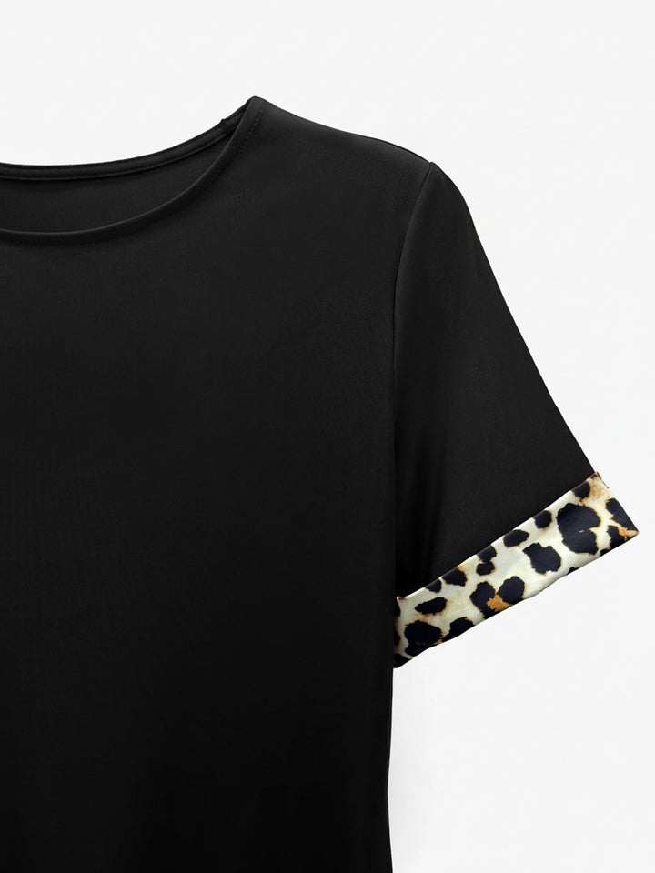 Women's T-Shirt Dress Leopard Print Patchwork Short Sleeve Boat Neck Midi