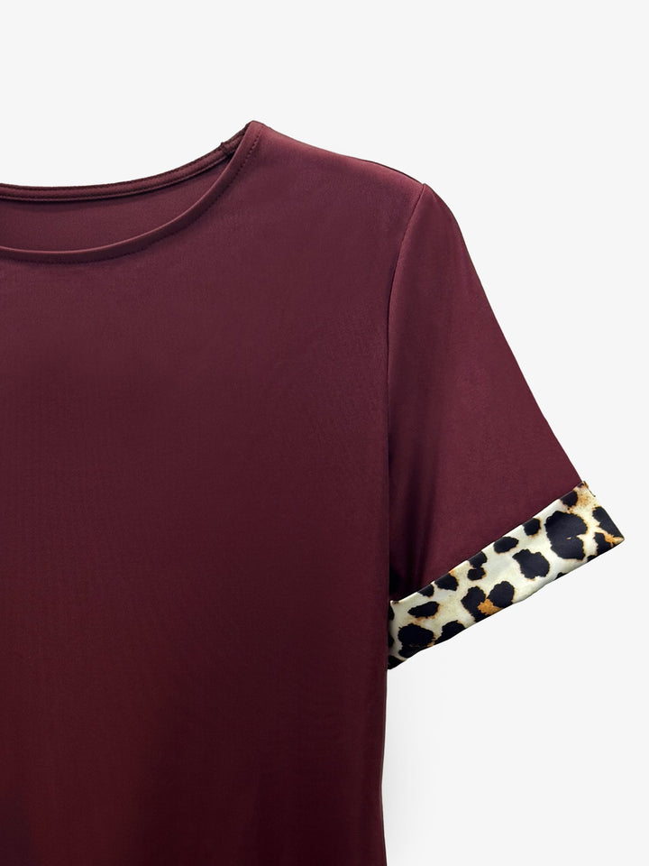 Women's T-Shirt Dress Leopard Print Patchwork Short Sleeve Boat Neck Midi