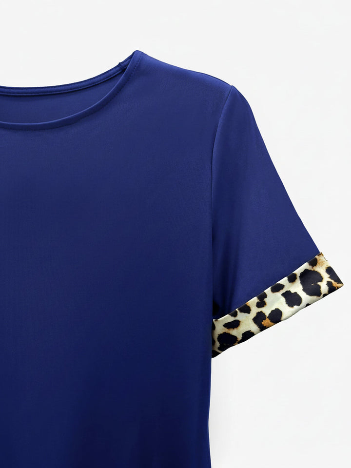 Women's T-Shirt Dress Leopard Print Patchwork Short Sleeve Boat Neck Midi