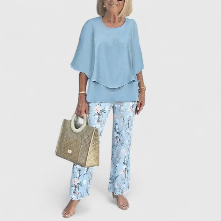 Women's Two-Piece Outfit Set Chiffon Loose Fit Cape Sleeve Top Floral Print Pants